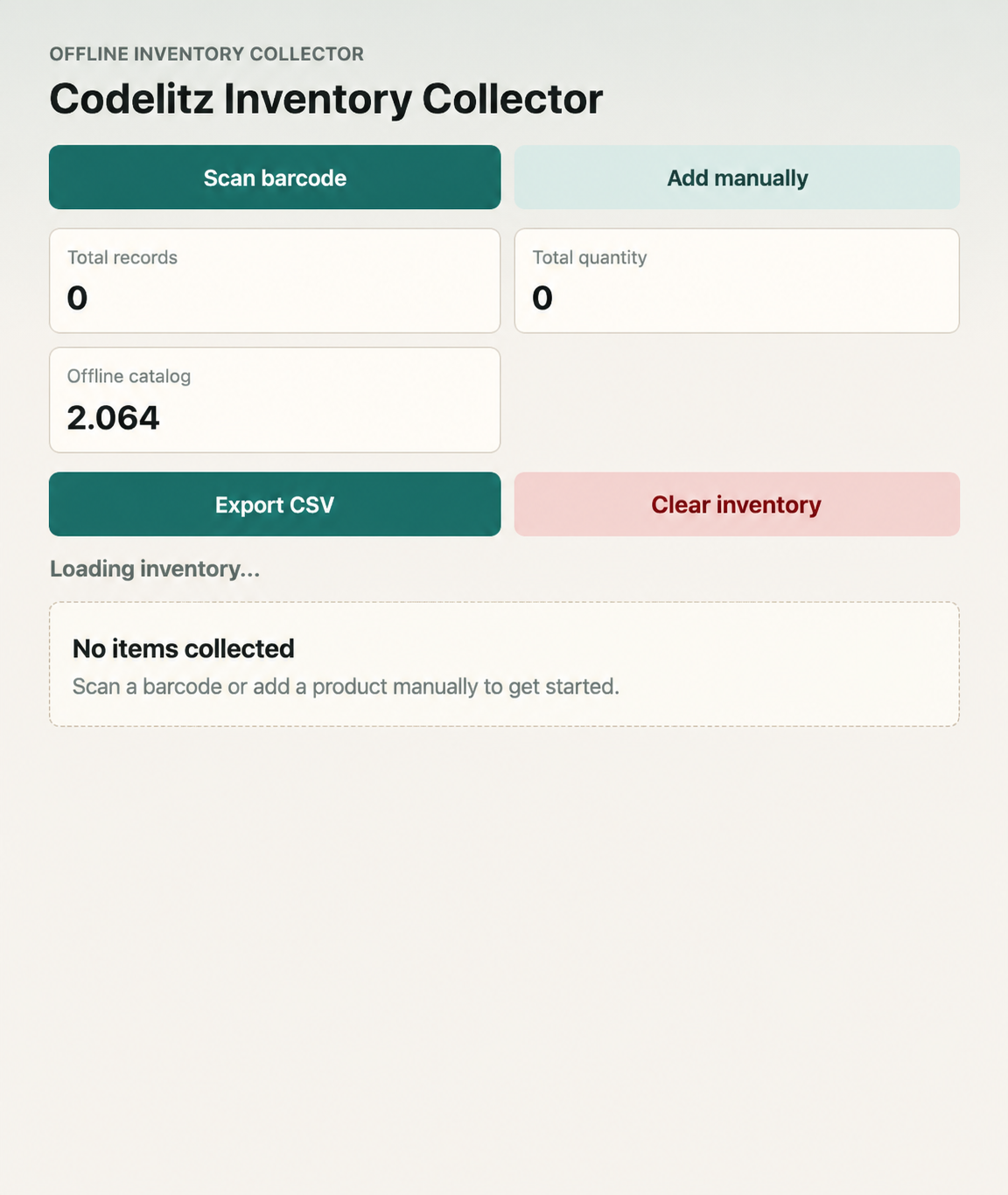 Inventory Collector interface showing barcode scanning, manual entry, inventory totals and CSV export controls