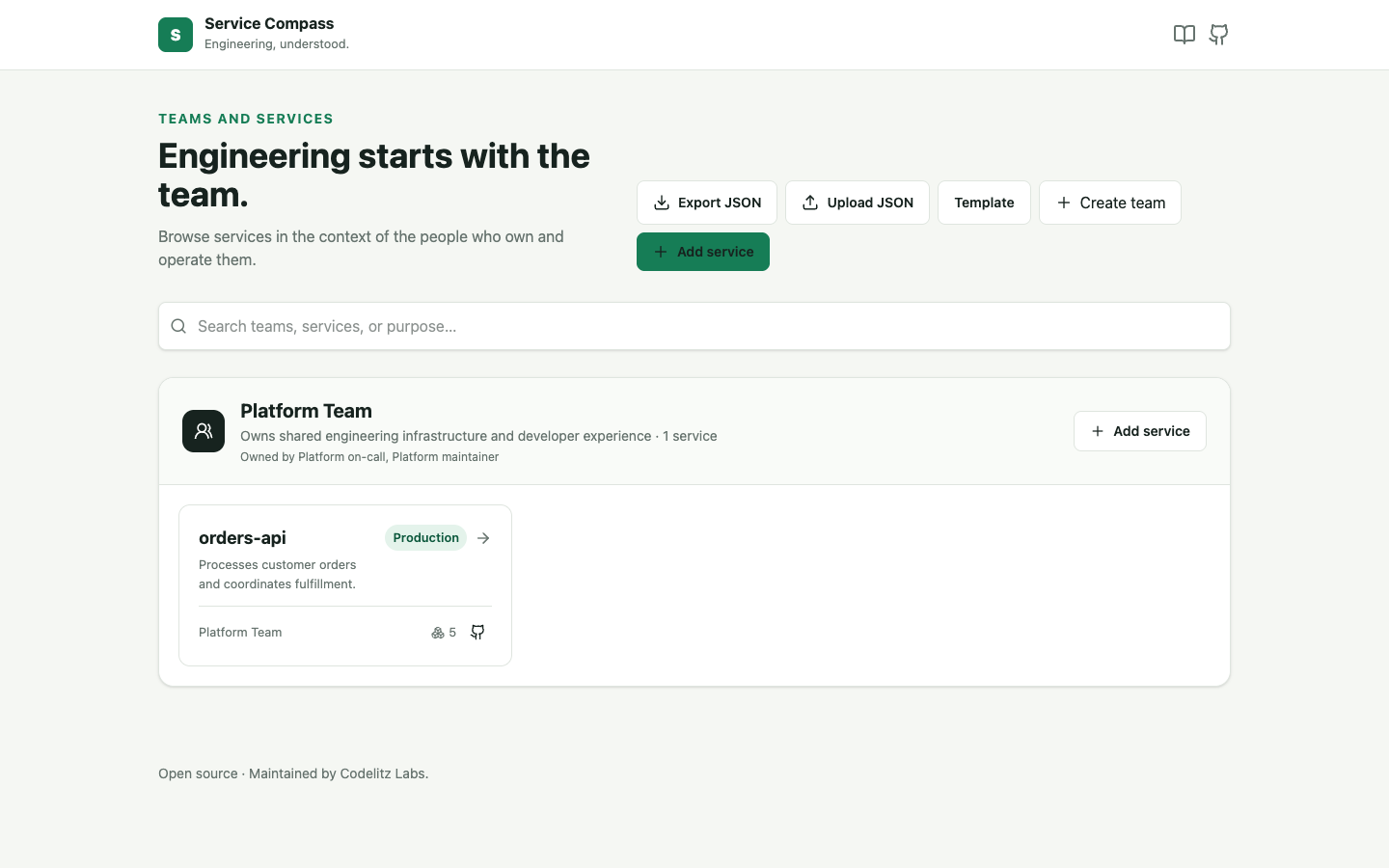Service Compass catalog showing searchable service cards with owners, lifecycle, and tags