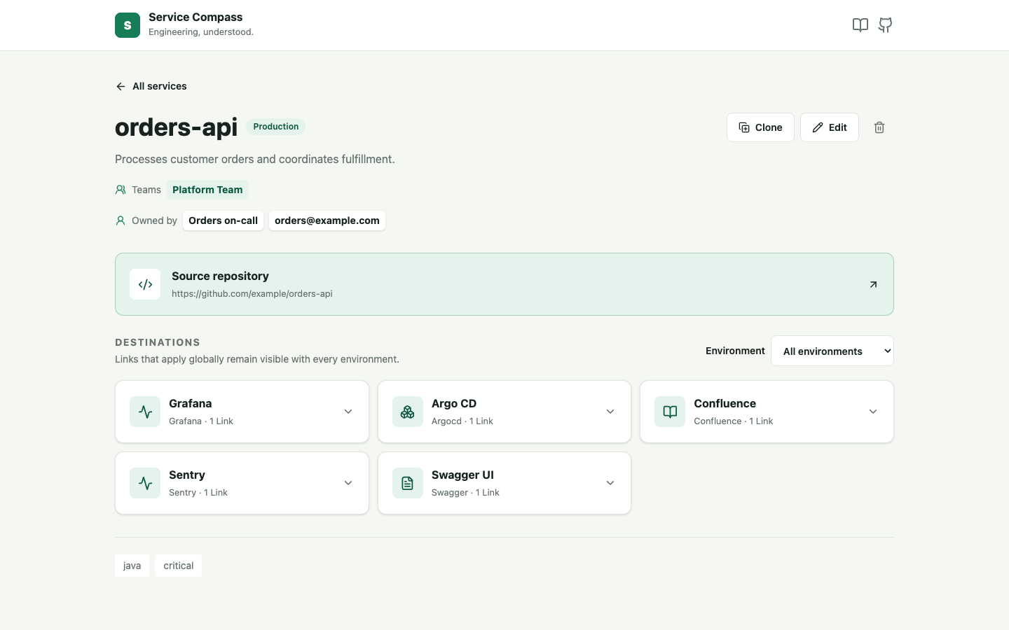 Service Compass detail page showing repositories, environments, documentation, and observability links