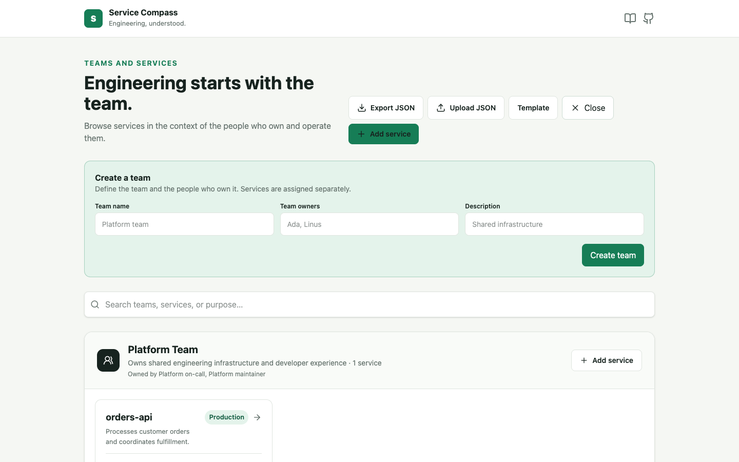 Service Compass team management page showing teams and service ownership